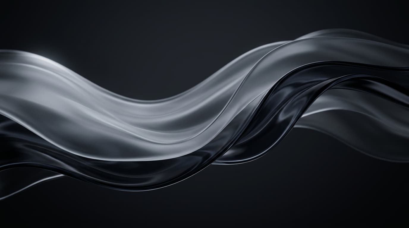 Fluid obsidian and liquid glass ribbons floating across a dark minimalist studio background.