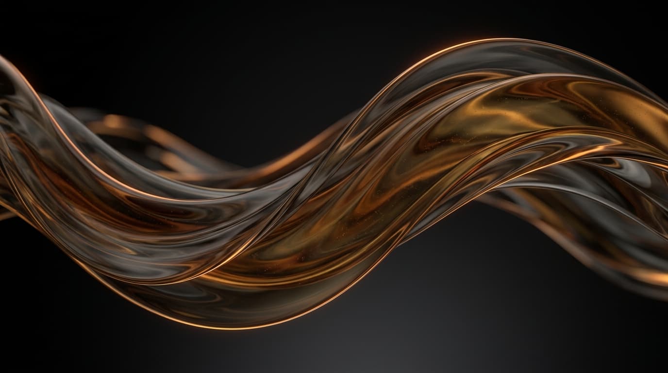 Molten amber and liquid bronze glass waves flowing smoothly against dark charcoal depth.