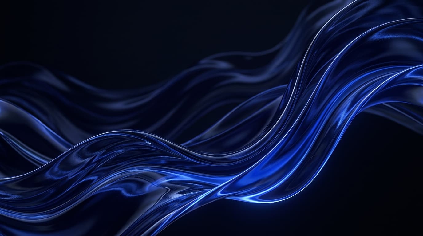 Midnight sapphire and electric cobalt blue translucent liquid glass ribbon curves.