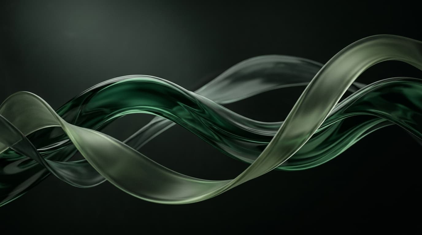 Deep emerald and sage green translucent glass ribbons undulating in a dark luxury setting.
