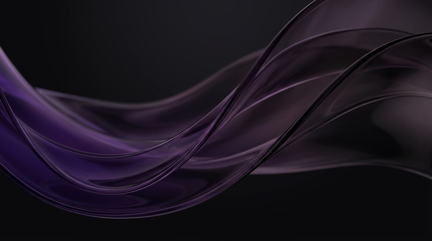 Dark amethyst and smoky violet liquid crystal curves floating in deep obsidian space.
