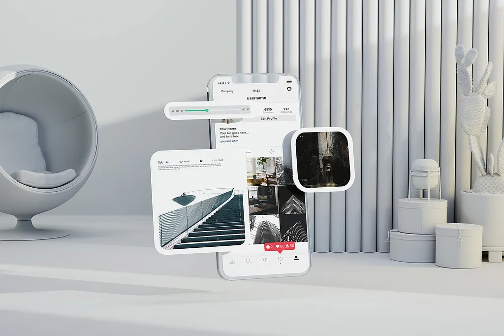 A smartphone displaying a storefront profile, with product and gallery cards lifting off the screen, staged in a pale grey studio set.