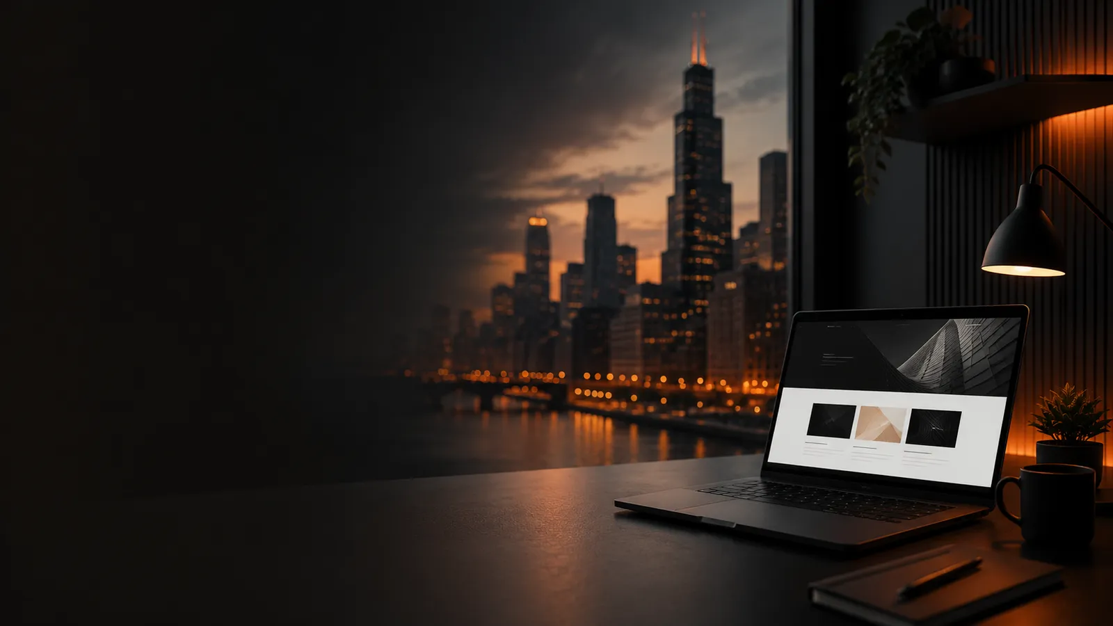 Freelance web developer building a website for a Chicago business, with the Chicago skyline in the background