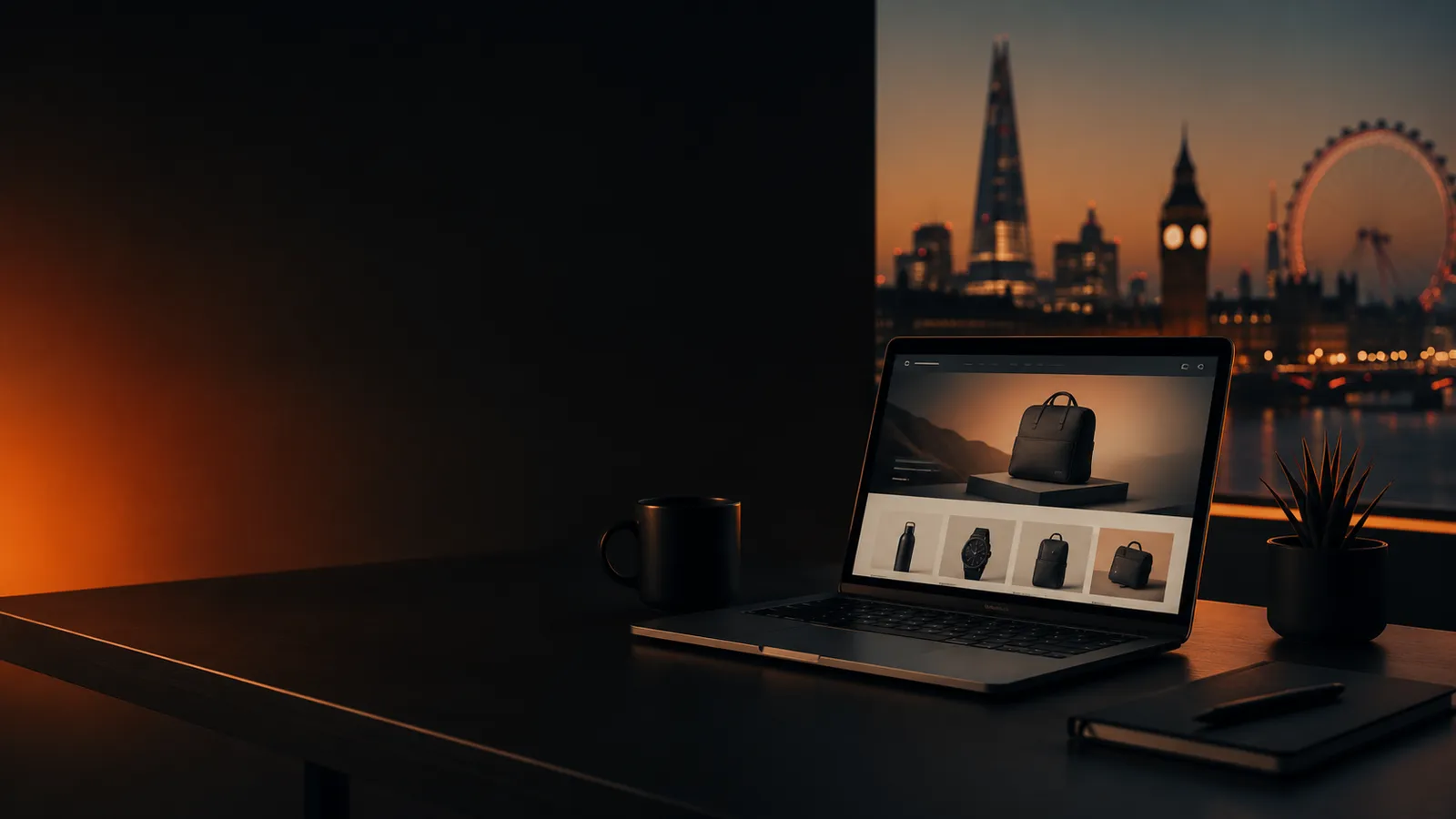 Freelance Shopify developer building an e-commerce store for a London brand, with the London skyline in the background