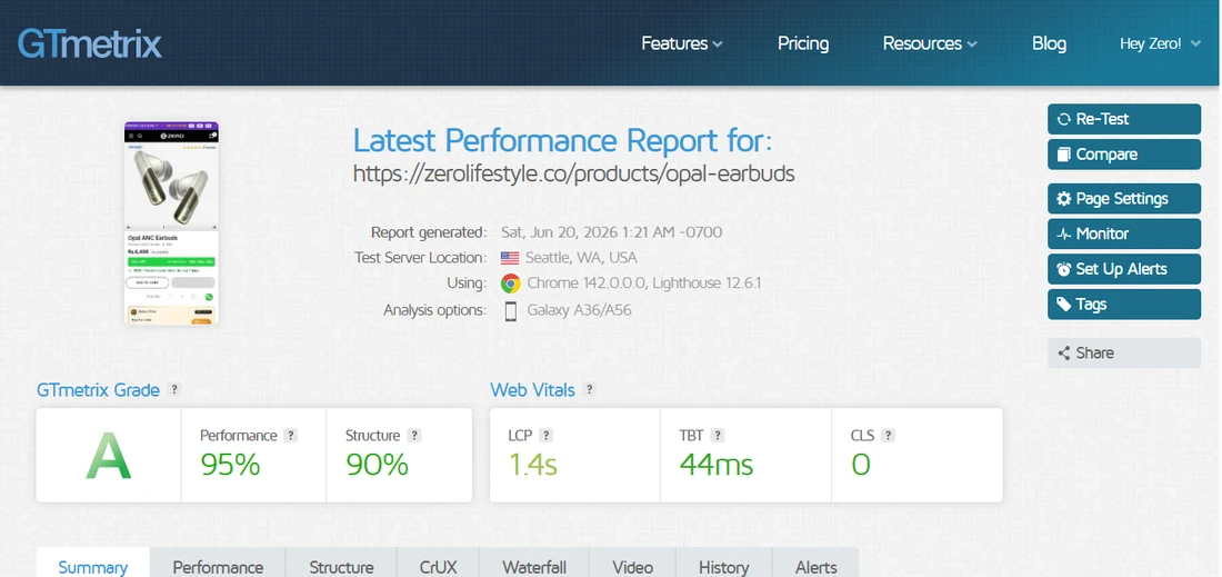 GTmetrix report after optimisation: opal-earbuds product page, grade A, 95% performance, 1.4s LCP