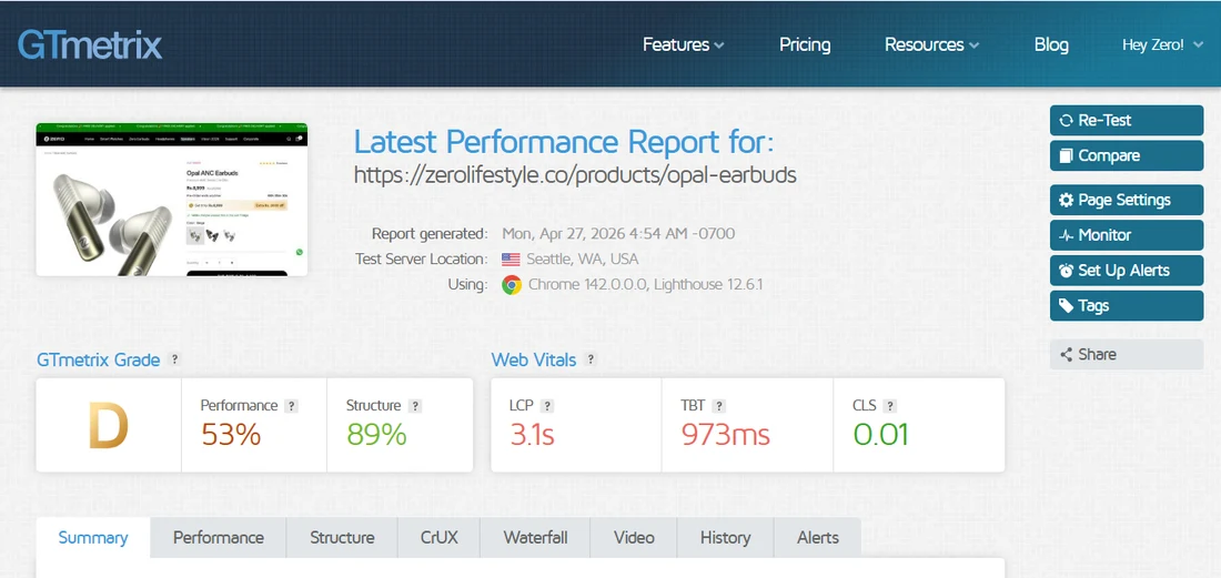 GTmetrix report before optimisation: opal-earbuds product page, grade D, 53% performance, 3.1s LCP